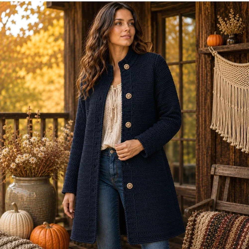 Vintage Hand Knit Navy Blue Coat Women's Small Lined Gold Buttons Artisan